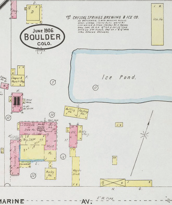 Figure 2. Insurance maps of Boulder,
Colorado (sheet 20). 1906. Sanborn
Map Company (detail of Crystal
Springs Brewing and Ice Co.)