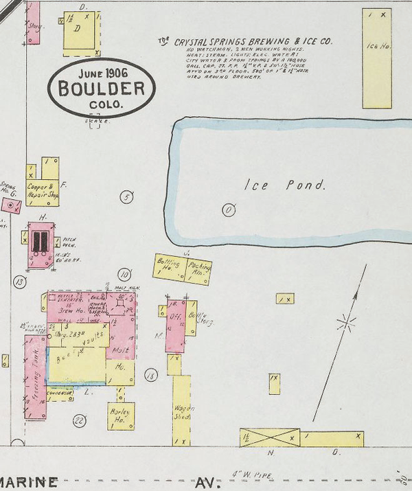 Figure 2. Insurance maps of Boulder,
Colorado (sheet 20). 1906. Sanborn
Map Company (detail of Crystal
Springs Brewing and Ice Co.)