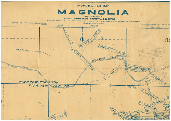 Figure 4. Drumm’s Mining Map of Magnolia and Vicinity. 1905. Henry A. Drumm (detail)