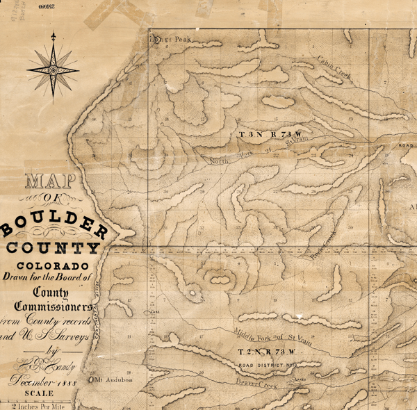 Figure 10. Map of Boulder County, Colorado, drawn for the Board of County Commissioners from county
records and U.S. Surveys by H.P. Handy. 1888. H.P. Handy (detail of northwest corner of county)