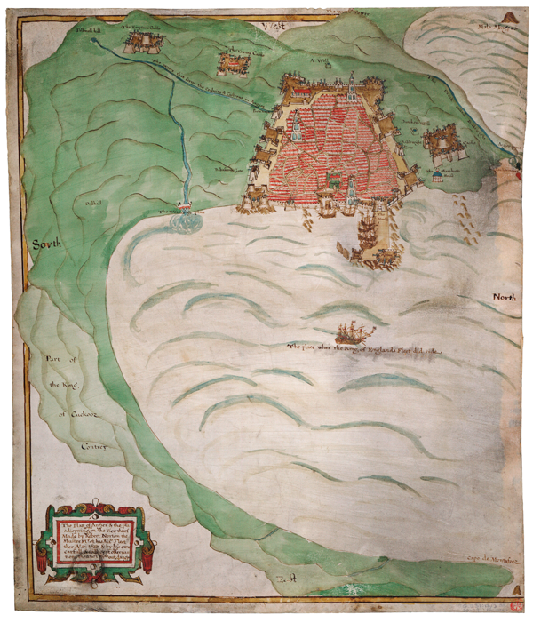 Figure 5. Robert Norton, The Platt of Argier & the pts. adoiyning within the View therof Made by Robert Norton the Muster Mr
of his Mats Fleet ther Ao Di 1620 & by his owne carfull & dilligent obseruations then not without danger, 1620. This colored
manuscript map on vellum measures 58 by 49 cm (22 7/8 by 19 1/2 inches), is oriented west, and has a scale of around
1:40,000. (Repro ID: K1034 © National Maritime Museum, Greenwich, London). The 1929 Francis Edwards catalogue offered it
for £180 (p. 105). To reveal hidden details, zoom into the online version at the National Maritime Museum, http://collections.rmg.
co.uk/collections/objects/546569.html (May 28, 2012). © National Maritime Museum, Greenwich, London.