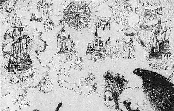 Figure 6. Two views of the King of Cuckooz on Norman Lindsay’s
frontispiece, the only illustration in Kenneth Slessor’s Cuckooz Contrey
and a visual counterpart to the The Atlas’s recreation of the world
portrayed on seventeenth-century maps (Sydney: Frank C. Johnson,
1932). This detail (upper-left) shows the king as he rides on an
elephant (Slessor’s “snow-white elephant”), and is conducted from
his “floating castle” by naked beauties holding a parasol and a
large bird (“the King’s own hunting-falcon”). The third view, with the
king carried on a litter by four “naked Concubines,” appears near
the right margin below the hovering Harpy. Standing like the rest of
Lindsay’s figures on an old chart, the heavily bearded monarch attired
in a plumed turban and caftan not only stands resembles Barbarossa/
Kheir-ed-din, Algiers’ most charismatic corsair and pasha. © Lin
Bloomfield, Odana Editions, Bungendore, NSW, Australia.