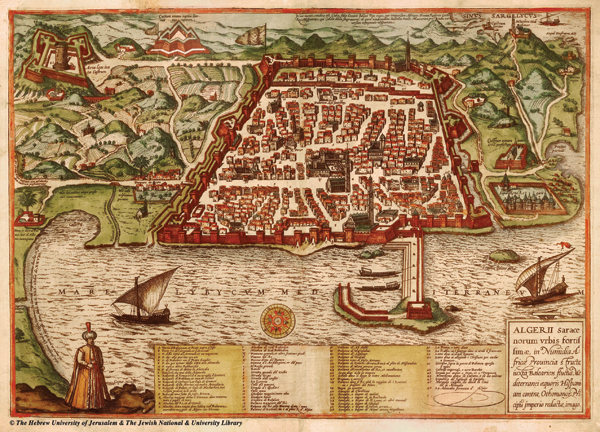 Figure 7. Plan of Algiers, by Antonio Salamanca, 1541 (or after one of the engravings derived from it). Plate 59, volume II in
Civitates Orbis Terrarum, edited by Georg Braun, Franz Hogenberg, and Simon Novellanus [van den Neuvel] (Cologne: Gottfried
von Kempen, 1575). Like most Braun and Hogenberg maps, this one features a “native” in local attire. The regal man in the Ottoman
turban and caftan stands, in the lower left, precisely the same place where Norton wrote “Part of the King of Cuckooz Contrey”
on his plan. On this map attributed to Antonio Salamanca (c.1500–1562: Skelton 1965, volume 1, xlii and pt.2, plate 59; Tooley
1999–2004, 4:94), the words behind the Ottoman gentleman say nothing about Cuckooz, but lament the disastrous defeat of Charles
V in 1541, the year the original map is believed to have been created (Tooley 1939, 22 [96]; Braun, Hogenberg, and Skelton
1965, 1:xlii). Instead of Norton’s single European ship, the small, easily maneuverable vessels of the Algerian pirates appear in the
harbor. Otherwise, Norton’s plan covers the same area and employs the same orientation and colors as the larger (30 x 43.5 cm)
hand-colored copperplate shown here. This map is made available online by Historic Cities, a website created by the Historic Cities
Center of the Department of Geography, the Hebrew University of Jerusalem and the Jewish National and University Library. <http://
historic-cities.huji.ac.il/algeria/algiers/maps/braun_hogenberg_II_59_b.jpg> (August 3, 2011). Courtesy of the Hebrew University
of Jerusalem & the Jewish National and University Library.