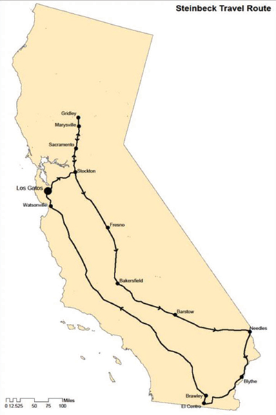 Figure 3. Map of John Steinbeck’s travels in
California during the fall of 1937 in preparation
for The Grapes of Wrath.