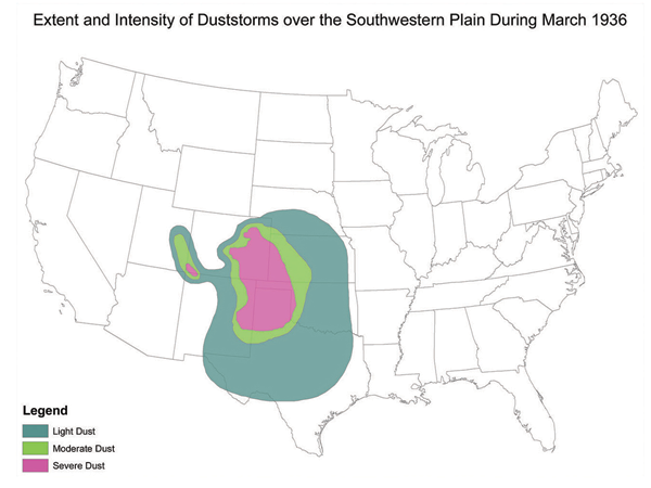 Figure 4. Extent and intensity of the dust storms over the Southwestern plains in 1936