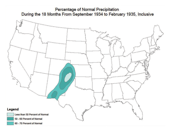 Figure 5. Percentage of normal precipitation between September 1934 and February
1935. The light, at best, rainfall and the careless cultivation and overgrazing depleted
the subsoil moisture and greatly contributed to the dust storms of the 1930s