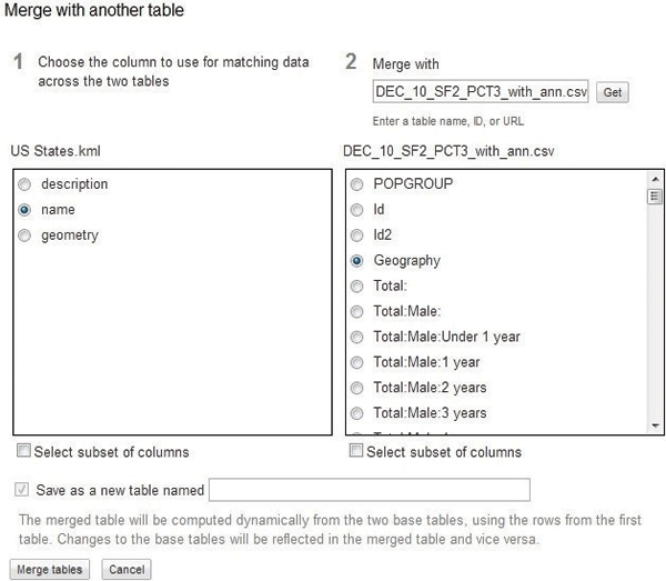 Figure 3. The “Merge Fusion Tables”
dialog box. Notice that the “Save as a
new table” checkbox is automatically
filled in. The dialog box also provides
guidance on how the tables will be
merged, which is explained in the text
of this article.