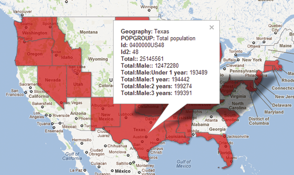 Figure 6. Map of the merged
Google Fusion Tables when the
demographic table is selected first.
Notice that only the states with
demographic factors are displayed.
