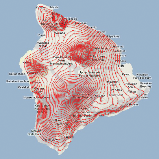 Figure 4. Map of contour lines on
the Big Island in Hawaii showing the
different colors and line width options
that are available in “Configure styles.”