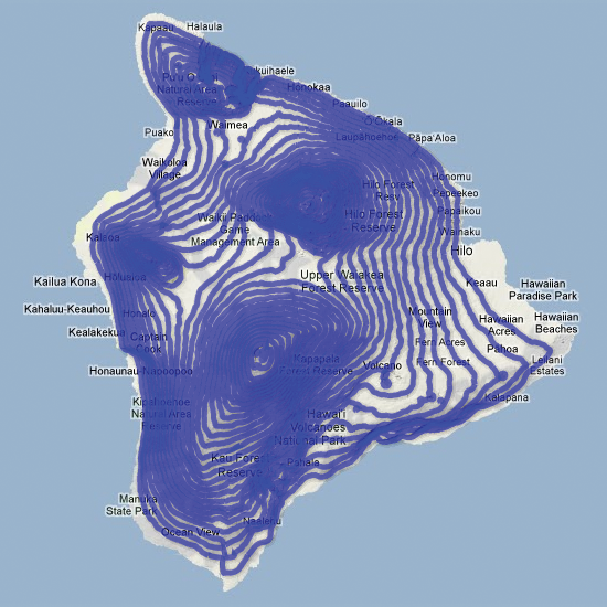 Figure 4. Map of contour lines on
the Big Island in Hawaii showing the
different colors and line width options
that are available in “Configure styles.”