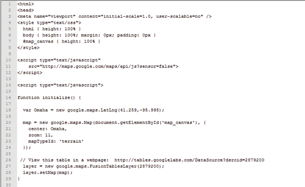 Figure 10. HTML/JavaScript code to display the Fusion Table Map.