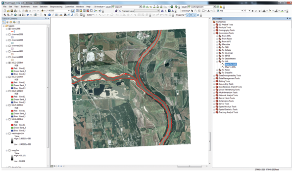 Figure 1. A digitized stream channel layer ready for export to KML from ArcMap.