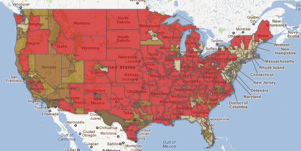 Figure 9. A map defined in Fusion Tables showing the percent of
population born in Mexico for each Congressional district.