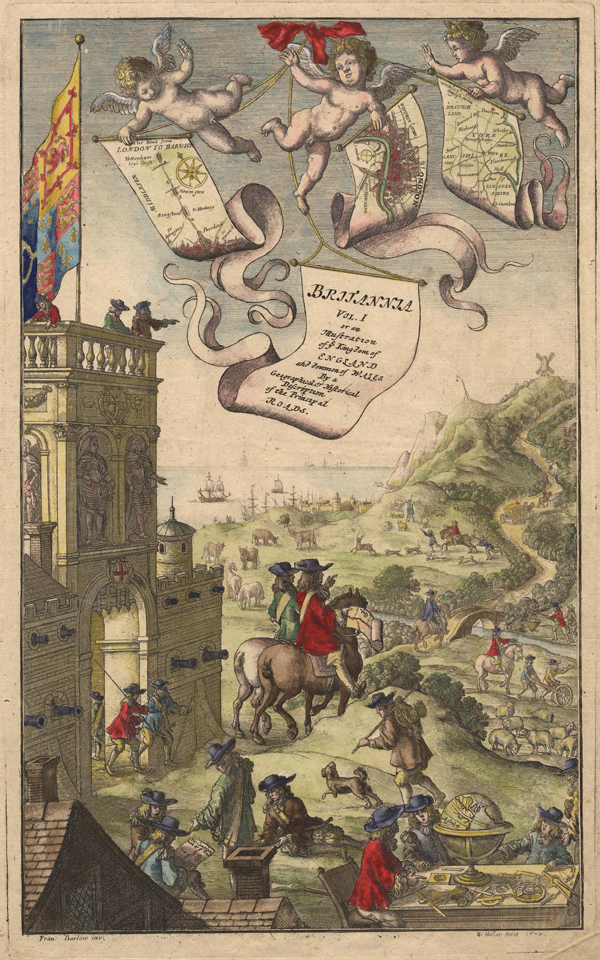 Figure 4. Frontispiece of John Ogilby’s Britannia (London, 1675).
Amidst the bustle of this English scene, a master surveyor (on
horseback) instructs two others (on foot) as they push the perambulator
or measuring wheel—Ogilby’s “Wheel Dimensurator”—to ascertain
the length of a crossroad (lower right). Above all, three putti with
banners advertise the atlas and its maps. Although Ogilby’s name
is nowhere to be found, two names do appear on the bottom:
Francis Barlow, who drew the frontispiece (“Fran. Barlow inv.”); and
Wenceslaus Hollar (1607–1677), one of London’s leading engravers,
who engraved it (“W. Hollar fecit 1675”).
Measuring 35.5 x 20.3 centimeters (14 x 8 5/6 inches), the
frontispiece is widely reproduced (e.g., Chubb, Skells, and Beharrell
[1927] 1966, opposite p. 84; Schuchard 1973, 83; Hyde 1980, 3;
Taylor 1998, 58; Baynton-Williams 2006), and a zoomable image is
available online from the Map Collection of Hampshire County Council
Museums Service, from which this illustration derives (Norgate and
Norgate 1996–2006a). Courtesy of Jean and Martin Norgate.