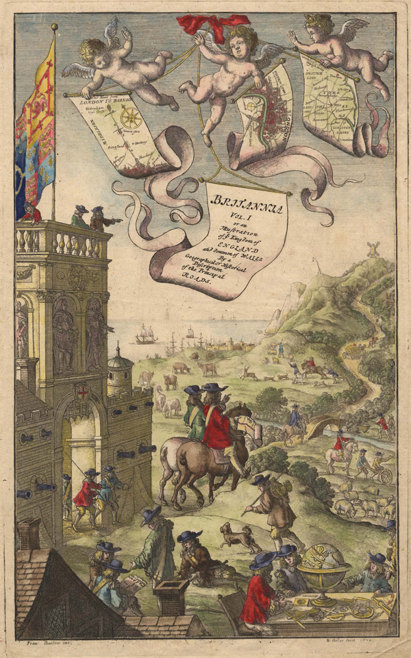 Figure 4. Frontispiece of John Ogilby’s Britannia (London, 1675).
Amidst the bustle of this English scene, a master surveyor (on
horseback) instructs two others (on foot) as they push the perambulator
or measuring wheel—Ogilby’s “Wheel Dimensurator”—to ascertain
the length of a crossroad (lower right). Above all, three putti with
banners advertise the atlas and its maps. Although Ogilby’s name
is nowhere to be found, two names do appear on the bottom:
Francis Barlow, who drew the frontispiece (“Fran. Barlow inv.”); and
Wenceslaus Hollar (1607–1677), one of London’s leading engravers,
who engraved it (“W. Hollar fecit 1675”).
Measuring 35.5 x 20.3 centimeters (14 x 8 5/6 inches), the
frontispiece is widely reproduced (e.g., Chubb, Skells, and Beharrell
[1927] 1966, opposite p. 84; Schuchard 1973, 83; Hyde 1980, 3;
Taylor 1998, 58; Baynton-Williams 2006), and a zoomable image is
available online from the Map Collection of Hampshire County Council
Museums Service, from which this illustration derives (Norgate and
Norgate 1996–2006a). Courtesy of Jean and Martin Norgate.