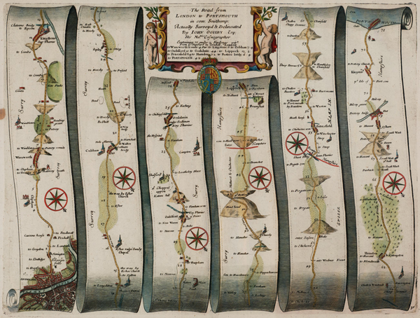 Figure 7. Strip Map entitled The Road from London to Portsmouth, “actually surveyd [sic] and delineated…by John Ogilby Esq[ire]: His
Ma.ties Cosmographer.” (1675). Plate 30 in John Ogilby’s Britannia (London, 1675) measures 43 x 56 centimeters (17 x 22 inches).
Linking England’s capital to its naval port, this “great road” is the thirteenth “Direct Independant” [sic] listed in Ogilby’s atlas (Ogilby
1675 and Ogilby [1675] 1970, “A Catalogue of the Several Roads”). Britannia was also “an attempt at a scientific study not only of the
roads but also of the terrain and habitations on either side of the roads” (Van Eerde 1976, 137). Guildford—the town that Slessor’s tired
travelers long to reach—appears on the third (from the left) of the six strips, just above the compass rose pointing southwest; because it
lay midway between London and Portsmouth, Guildford’s inns were popular overnight spots for travelers. Ogilby’s strip maps with their
“linear view” are precursors to the AAA TripTik maps that the American Automobile Association used to customize for member motorists
(MacEachren 1986, 7, 17–18). A zoomable image is available online from the Map Collection of Hampshire County Council Museums
Service, from which this illustration derives (Norgate and Norgate 1996–2006b). Courtesy of Jean and Martin Norgate.