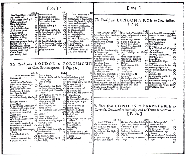 Figure 8. “The Road from London to Portsmouth,” page 204
of The Traveller’s Guide (Ogilby 1699; and Ogilby 1712).
This itinerary and those surrounding it have replaced the strip
maps—like the one shown in Figure 7—that made Britannia
so memorable and expensive. Nevertheless, The Traveller’s
Guide promised its budget-minded readers that the tables
contain “the names of all places in the maps of [Ogilby’s]
Britannia…, with the distances from town to town; and all
other remarks necessary for the instruction of travellers”
(Ogilby 1699 and 1712, 2nd title page: Tables, O1r). Image
from Early English Books Online: Text Creation Partnership
(EEBO-TCP) and accessed at the NYPL-Research Library,
January 14, 2013.