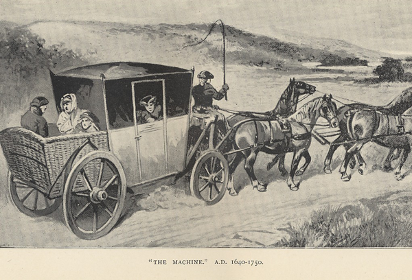 Figure 9. “‘The Machine,’ A.D. 1640–1750.” From Sir Walter
Gilbey’s Early Carriages and Roads (London: Vinton & Co., 1903,
page 56). According to Gilbey, the stage coach began to be
used around 1640 (56). Like the one in this image, those coaches
traveling between London and the principal towns of the country
resembled hackney coaches, but were larger (55). Although
Slessor uses only the word “men,” women and children were also
passengers.