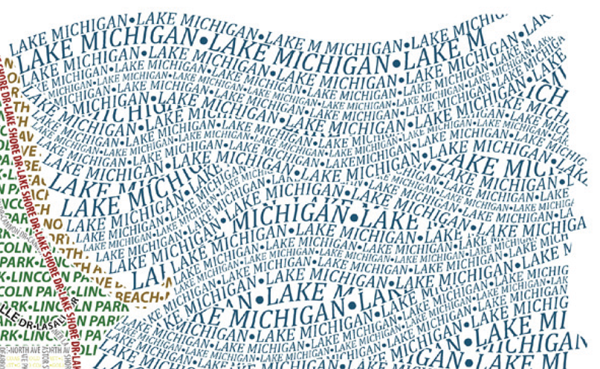 Figure 2. Detail: the lettering that comprises Lake Michigan appears to undulate, evoking a sense of movement (area shown: approximately 9.5