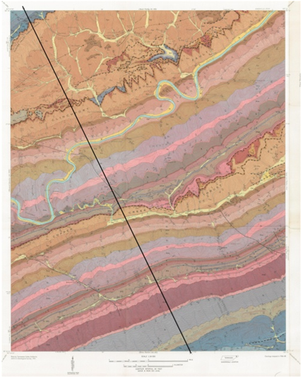 Figure 4. Swan Island geologic map with the strike line for the cross-section marked in bold black.