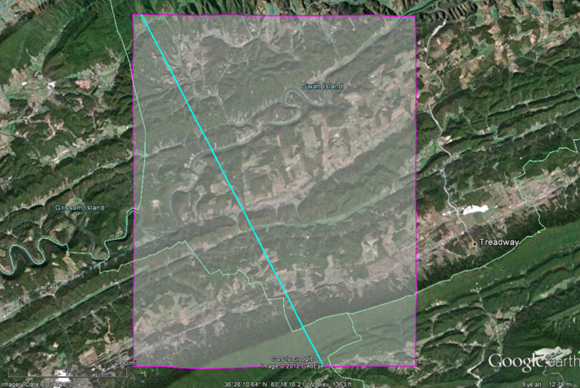 Figure 5. Screen capture from Google Earth showing the area of interest with strike line of cross-section
marked in cyan.