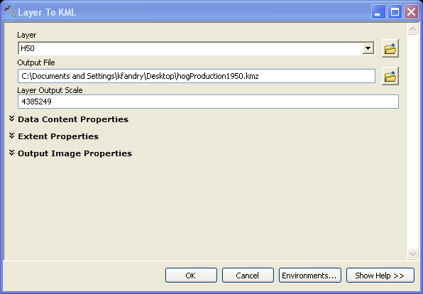 Figure 2. Display of the Layer to KML tool within ArcGIS,
and necessary parameters.