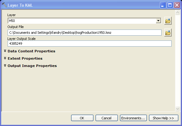 Figure 2. Display of the Layer to KML tool within ArcGIS,
and necessary parameters.