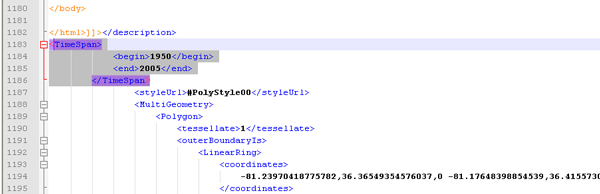 Figure 3. Displaying the placement of the TimeSpan within KML code.