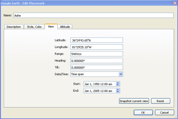 Figure 4. Displaying the Editor Window with Google Earth and
necessary parameters to use TimeSpan.
