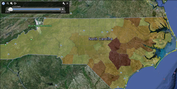 Figure 5. Active KML displaying hog production numbers in 1950 for
North Carolina.