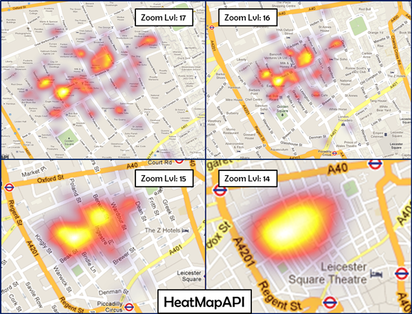 Figure 3. “Dr. John Snow’s Ghost Map—Deaths.” Data exported from
Fusion Table ID: 418541. Created with HeatMapAPI and viewable at
http://maps.unomaha.edu/GoogleMapGallery