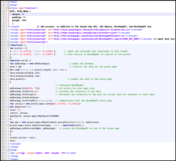 Figure 7. Complete example of the code (Hume 2012).
https://github.com/ahume/mapping-workshop/blob/master/code-examples/heatmap-api/libya.php