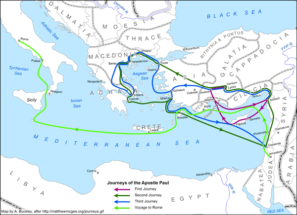 Figure 1: This map of the depicts the Apostle Paul’s travels as definitive routes with implied
chronology, which is an inaccurate representation of what is actually known about Paul.
Map by Aileen Buckley.