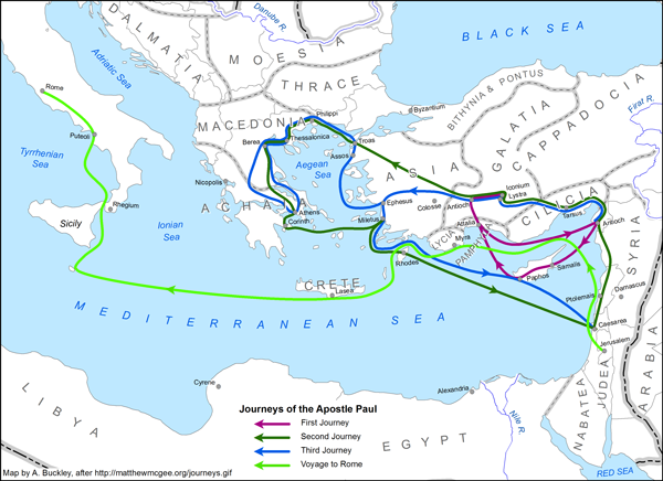 Figure 1: This map of the depicts the Apostle Paul’s travels as definitive routes with implied
chronology, which is an inaccurate representation of what is actually known about Paul.
Map by Aileen Buckley.