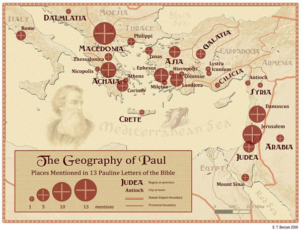 Figure 2: Replacing travel routes with graduated symbols representing citations, this 2008
map by Benzek and Larsen more accurately represents the information known about
Paul. At the same time, it imparts a feeling of the historical nature of the subject matter.
Map courtesy of Steve Benzek.