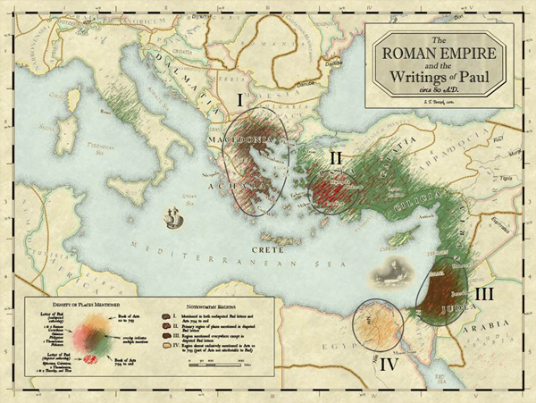 Figure 4: Benzek and Larsen’s 2012 map may best represent the fuzzy nature of the
information known about Paul’s travels, although this became known as “The Scratchy
Map” at the 2012 NACIS Annual Meeting. Map courtesy of Steve Benzek.