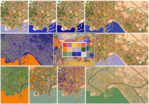 Figure 1: Cartographic and artistic color use from a painting of Derain (IGN Data:
BDTOPO®). Note: all maps in this article are made with QuantumGIS: (qgis.osgeo.org).
