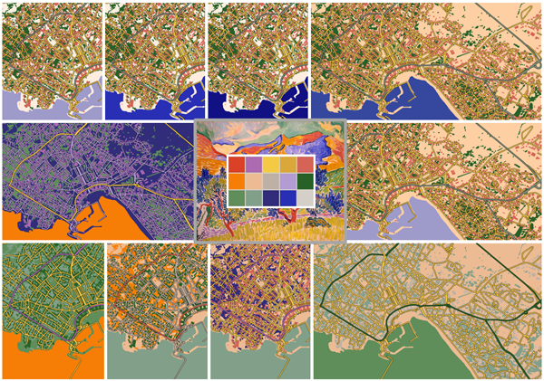 Figure 1: Cartographic and artistic color use from a painting of Derain (IGN Data:
BDTOPO®). Note: all maps in this article are made with QuantumGIS: (qgis.osgeo.org).