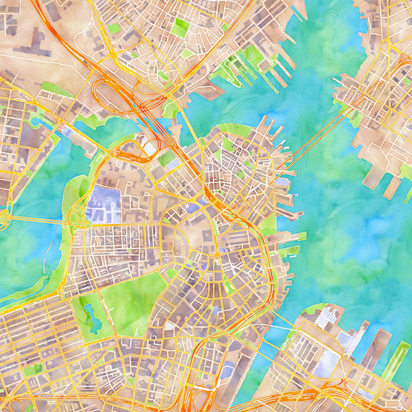 Figure 6: The “Watercolor” map (style) by Stamen Design that can be applied to
OpenStreetMap data for any worldwide location (in this case, Boston, Massachusetts),
that was inspired by watercolor paintings based on Google Maps as part of the
Bicycle Portraits project (Stamen Design 2012; Engelbrecht & Grobler, 2013).