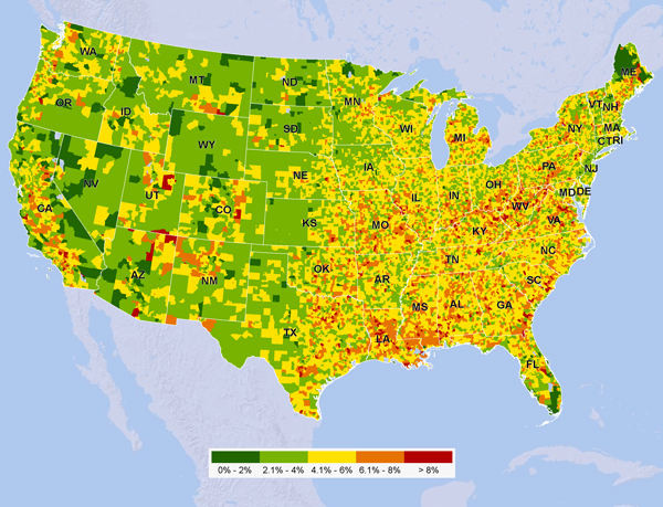 Figure 3: Choropleth map of the average share of disposable
income spent on gasoline to drive to work by ZIP code in May 2011.
Data source: GasBuddy.com, Esri, U.S. Census Bureau.