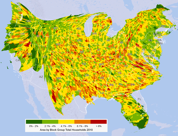 Figure 4: Cartogram of the average share of disposable income
spent on gasoline to drive to work by ZIP code in May 2011.
Data source: GasBuddy.com, Esri, U.S. Census Bureau.