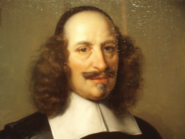 Figure 1: Detail of a portrait of Joan Blaeu by Johan van Rossum (1660). Famous
throughout Europe, Joan Blaeu was called the “prince of printers” ( Typographorum
princeps: Koeman et al. 2007, 1314n126). The original oil on canvas painting
measures 122 × 96 cm (48 × 38 in) and shows Blaeu’s left hand on the 4-volume
edition of the Atlas Novus (1645–1654: see Van der Krogt 2005, 7). Photographed
by the author at the Nederlands Scheepvaartmuseum in Amsterdam (RB 0301).