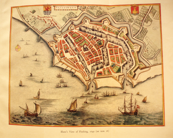 Figure 5: “Blaeu’s View of Flushing, 1649,” fold-out map from the 1929 Francis Edwards
catalogue Old Maps of the World (Francis Edwards 1929, 20). On a 20 × 23 cm
page (8½ × 9¾ in), the 15 × 20 cm map (6½ × 8 in) with its northern orientation is
keyed to the final words of item 18 (21; see Figure 4, above): “No modern process
can give absolute fidelity to the beauty of the original, but some idea of the scale of
the production may be gained by referring to the coloured plate, which is roughly
one fifth reduced in size.” The original map of Vlissingen, plate 51 iijE in the Dutch
edition of “The United Netherlands,” measured 41.5 × 51 cm (16½ × 20 in) (Van der
Krogt 2010, 1542, entry 4736). The Flushing map typifies the other maps of the Town
Atlas of the Netherlands, whose presentation is “plain and consistent” (Koeman
1997, 92). Courtesy of the New York Public Library and of Francis Edwards Ltd.