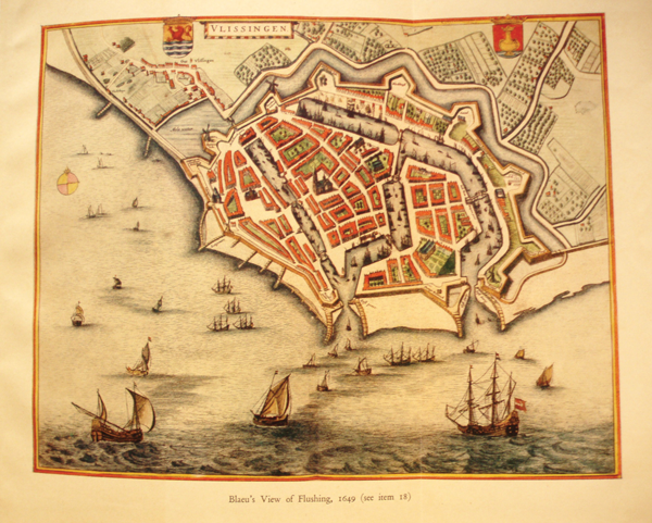 Figure 5: “Blaeu’s View of Flushing, 1649,” fold-out map from the 1929 Francis Edwards
catalogue Old Maps of the World (Francis Edwards 1929, 20). On a 20 × 23 cm
page (8½ × 9¾ in), the 15 × 20 cm map (6½ × 8 in) with its northern orientation is
keyed to the final words of item 18 (21; see Figure 4, above): “No modern process
can give absolute fidelity to the beauty of the original, but some idea of the scale of
the production may be gained by referring to the coloured plate, which is roughly
one fifth reduced in size.” The original map of Vlissingen, plate 51 iijE in the Dutch
edition of “The United Netherlands,” measured 41.5 × 51 cm (16½ × 20 in) (Van der
Krogt 2010, 1542, entry 4736). The Flushing map typifies the other maps of the Town
Atlas of the Netherlands, whose presentation is “plain and consistent” (Koeman
1997, 92). Courtesy of the New York Public Library and of Francis Edwards Ltd.