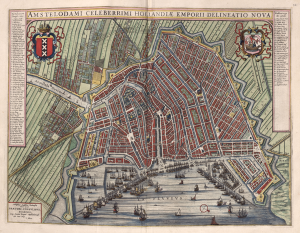 Figure 6: Amstelodami Celeberrimi Hollandiae Emporii Delineatio Nova (“New
Delineation of Amsterdam, Holland’s Most Famous Trading Port”), plate 26 in Joan
Blaeu’s Toonneel der Steden van de vereenighde Nederlanden ([1652?]b). The original
is 41 × 54 cm (16 × 21 in) (Van der Krogt 2010, 688–689, entry 110, which lists it as
plate 23 ijE in vol. 1). Beside the lists of landmarks that frame the map on the upper-right
and upper-left is the coat-of-arms of Amsterdam (left), and a shield with a
sailing vessel (right). The compass in the lower right indicates that the map is oriented
southwest—the typical orientation favored since the sixteenth century (687–693, figs.
107–111, 122–135)—with the town pictured above the IJ inlet [ YA Fluvius] that gave
Amsterdam access to the world. The colors of this map accord with the “red, green
& guinea-yellow” description in Slessor’s poetry notebook (April 1, -s86). Courtesy
of the Library of Congress, Geography and Map Division (G1851 .B52 1652).
