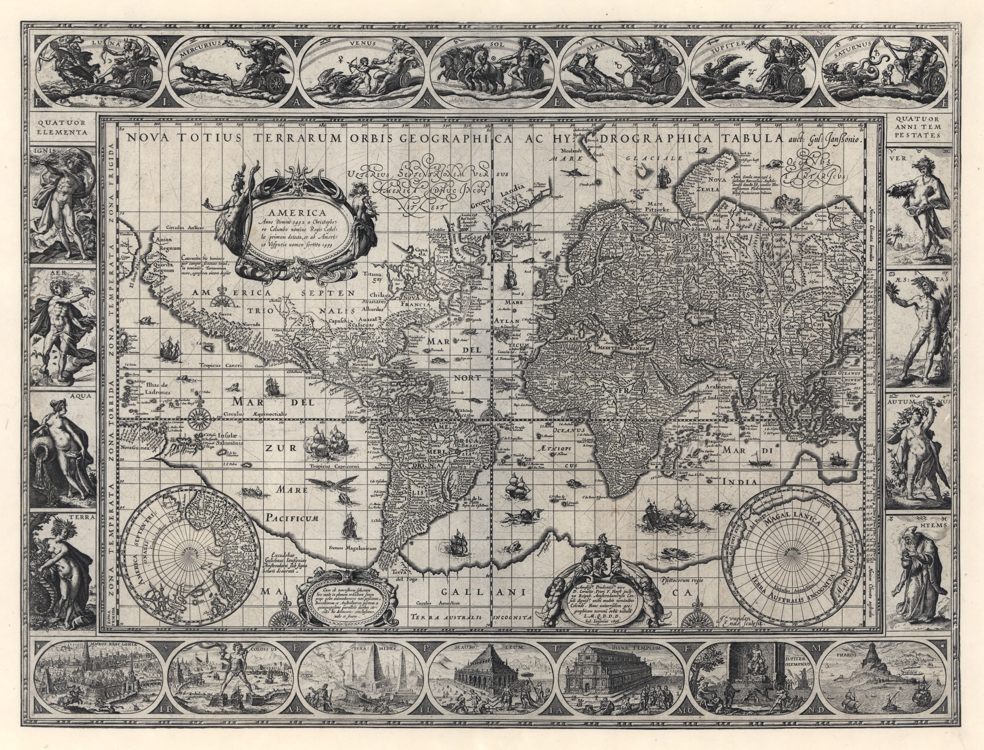 Figure 7: Nova Totius Terrarum Orbis Geographica ac Hydrographica Tabula [“New
Geographical and Hydrographical Map of the Whole Sphere of the World”] by
Willem Janszoon Blaeu [G. Ianssonius, Willem’s original patronymic] and engraved
by Josua van den Ende (Amsterdam, 1606). For over fifty years, this world map on
a Mercator projection (30 × 45 cm, 12 × 18 in)—described as “one of the supreme
examples of the map maker’s art”—enjoyed an active circulation (Shirley 2001, entry
255). Along its borders, allegorical figures of the seven planets (top) echo vignettes
depicting the Seven Wonders of the Ancient World (bottom), while the four elements
(left) echo the four seasons (right). The map itself features ships and sea monsters
skirting the coast of an enormous southern continent whose size nearly counter-balances
that of the known world. Courtesy of the Library of Congress (G3200 1606 .B6).