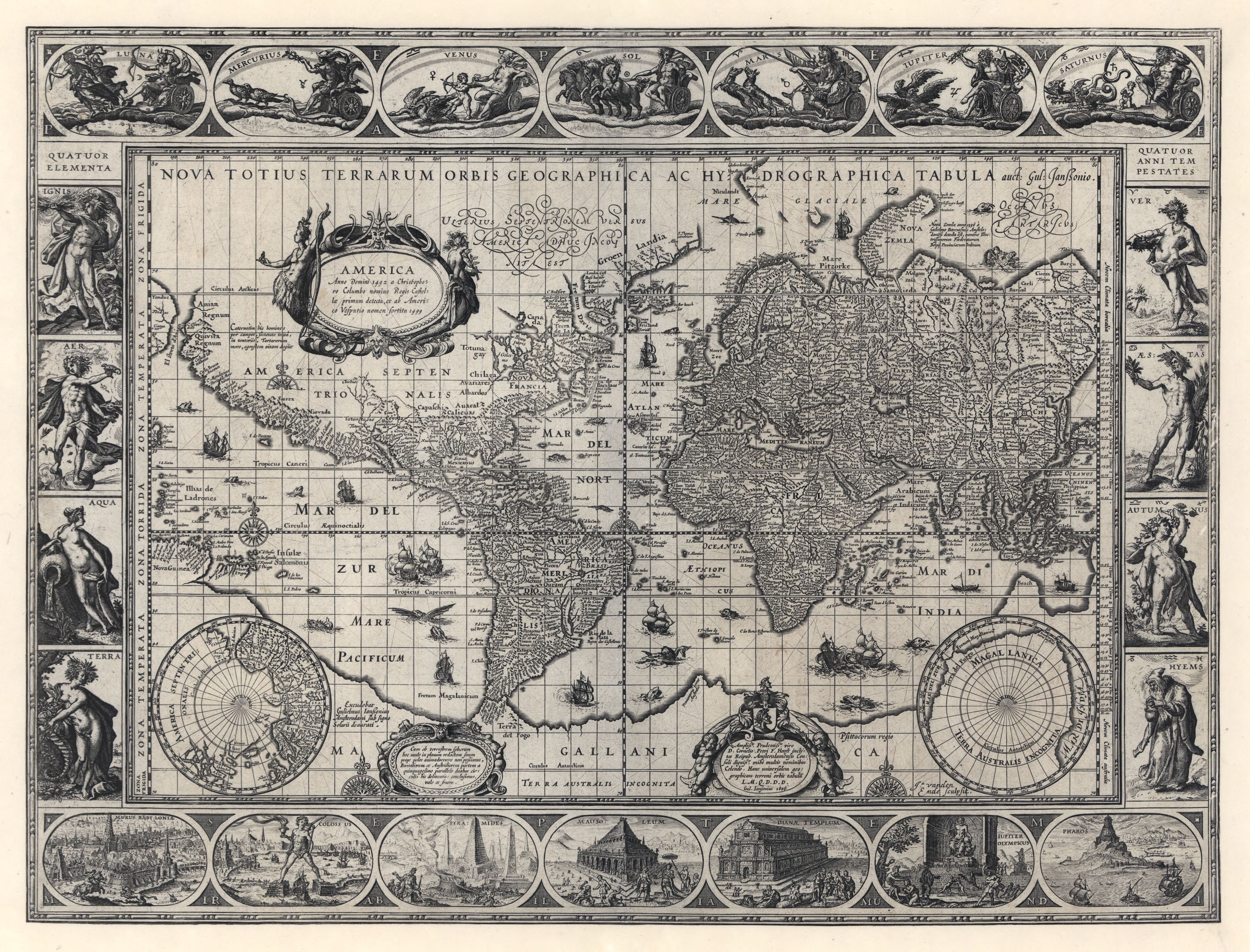 Figure 7: Nova Totius Terrarum Orbis Geographica ac Hydrographica Tabula [“New
Geographical and Hydrographical Map of the Whole Sphere of the World”] by
Willem Janszoon Blaeu [G. Ianssonius, Willem’s original patronymic] and engraved
by Josua van den Ende (Amsterdam, 1606). For over fifty years, this world map on
a Mercator projection (30 × 45 cm, 12 × 18 in)—described as “one of the supreme
examples of the map maker’s art”—enjoyed an active circulation (Shirley 2001, entry
255). Along its borders, allegorical figures of the seven planets (top) echo vignettes
depicting the Seven Wonders of the Ancient World (bottom), while the four elements
(left) echo the four seasons (right). The map itself features ships and sea monsters
skirting the coast of an enormous southern continent whose size nearly counter-balances
that of the known world. Courtesy of the Library of Congress (G3200 1606 .B6).