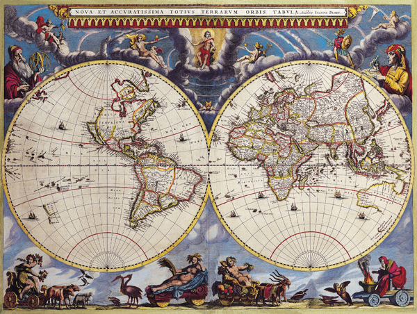 Figure 8: Joan Blaeu’s Nova et Accuratissima Totius Terrarum Orbis Tabula. This is
the form that Blaeu’s double-hemisphere map took in his Atlas Maior (1662–1672:
vol. 1, pl. 1), praised by H. de la Fontaine Verwey as “the greatest and finest atlas
ever published” (quoted in Van der Krogt 2005, 34). At only 40 × 54 cm (15½ × 21 in)
(Shirley 2001, entry 428, pl. 315), Nova et accuratissima totius terrarum orbis tabula
is dwarfed by Joan’s 1648 map, whose twenty sheets together total 205 × 299 cm
(nearly 7 × 10 ft). In fact, the Atlas Maior world map was “not directly taken from
the large original of 1648 but [was] copied from one of his competition’s reductions”
(450). Nevertheless, like its more scientific-looking predecessor, this ornate and highly
reproducible atlas map also refers to Australia as Hollandia Nova (New Holland)
and its coasts similarly “suggest the real shape of the western part of that continent”
from the Gulf of Carpentaria in the northeast to the Great Australian Bight in the south
(Wieder 1925–1933, 3:62). The Southern Continent hypothesized by the ancient Greeks
has disappeared, but so too has any hint of Antarctica. As if to symbolize its place
between the old and the new, Joan framed the world between images of Copernicus
and Ptolemy, and placed allegorical representations of the planets and the seasons
above and below (Van der Krogt 2000, 485). Reproduced from Kyrychok (2012).