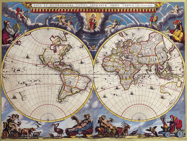 Figure 8: Joan Blaeu’s Nova et Accuratissima Totius Terrarum Orbis Tabula. This is
the form that Blaeu’s double-hemisphere map took in his Atlas Maior (1662–1672:
vol. 1, pl. 1), praised by H. de la Fontaine Verwey as “the greatest and finest atlas
ever published” (quoted in Van der Krogt 2005, 34). At only 40 × 54 cm (15½ × 21 in)
(Shirley 2001, entry 428, pl. 315), Nova et accuratissima totius terrarum orbis tabula
is dwarfed by Joan’s 1648 map, whose twenty sheets together total 205 × 299 cm
(nearly 7 × 10 ft). In fact, the Atlas Maior world map was “not directly taken from
the large original of 1648 but [was] copied from one of his competition’s reductions”
(450). Nevertheless, like its more scientific-looking predecessor, this ornate and highly
reproducible atlas map also refers to Australia as Hollandia Nova (New Holland)
and its coasts similarly “suggest the real shape of the western part of that continent”
from the Gulf of Carpentaria in the northeast to the Great Australian Bight in the south
(Wieder 1925–1933, 3:62). The Southern Continent hypothesized by the ancient Greeks
has disappeared, but so too has any hint of Antarctica. As if to symbolize its place
between the old and the new, Joan framed the world between images of Copernicus
and Ptolemy, and placed allegorical representations of the planets and the seasons
above and below (Van der Krogt 2000, 485). Reproduced from Kyrychok (2012).