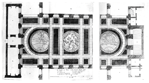 Figure 9: Jacob Vennekool’s depiction of the “Floor of the Great Civic Hall” [De Grondt
en Vloer vande Groote Burger Sael]. The engraving is Figure “O” in the first edition of
Jacob van Campen and Jacob Vennekool’s Afbeelding van ’t Stadthuys van Amsterdam.
In dartigh coopere Plaaten geordineert door Jacob van Campen; en geteeckent
door Iacob Vennekool, Amsterdam: Dancker Danckerts, 1661. With each hemisphere
measuring 22 feet in circumference, the world map inlaid on the marble floor of
Amsterdam’s Town Hall was “one of earliest public images showing Tasman’s discoveries
on the Australian continent” (NSW Government Online Shop 2013a). Nearly 300
years later, beginning in 1942, the State Library of New South Wales graced the floor
of the Mitchell Library vestibule with a marble map replicating what was then believed
to be Tasman’s original map of ca. 1648. Reproduced from Goossens (1996, fig. 33).